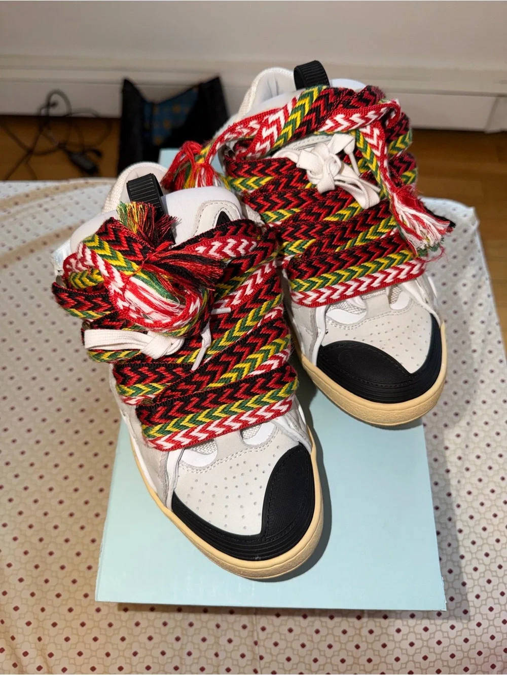 Lanvin White Sneakers with Black Toe and Multicolor Rope Laces